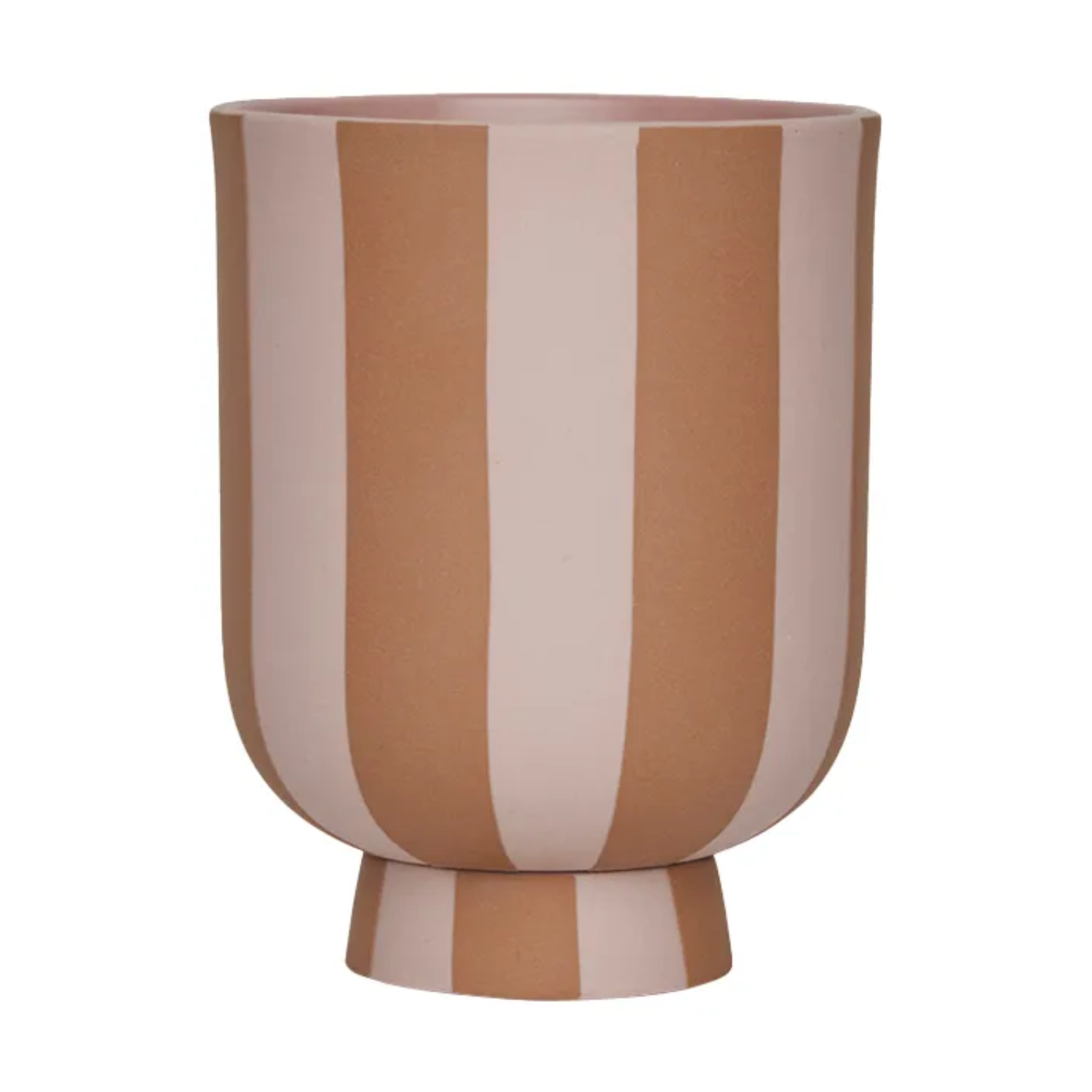 A light pink and terracotta caramel striped flower pot