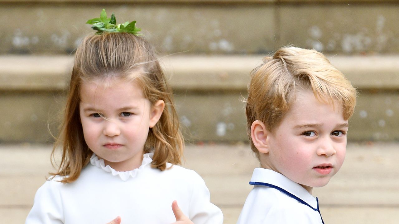 Princess Charlotte of Cambridge and Prince George of Cambridge attend the wedding of Princess Eugenie of York and Jack Brooksbank at St George&#039;s Chapel on October 12, 2018 in Windsor, England