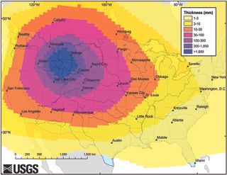 An example of the possible ashfall from a month-long Yellowstone supereruption.