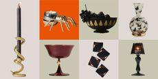 Image of a checkerboard background with seven product boxes each containing a different Anthropologie Halloween decor piece. There are things like a snake candle holder, an oxblood coupe, and a golden spider candle holder.