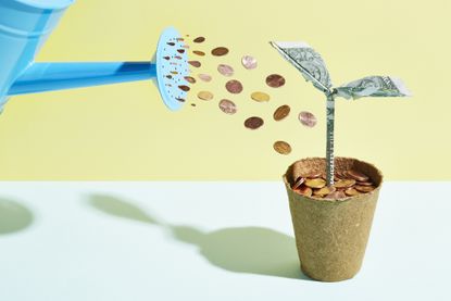 Origami dollar seedling being watered with coins