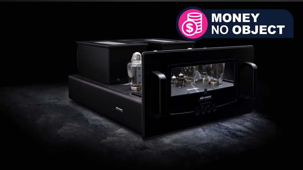 Audio Research Reference 330M valve amp in black, showing the valves, on a black carpet, with TR&#039;s &#039;Money No Object&#039; franchise badge in the top right corner