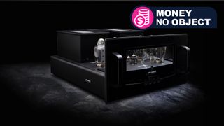 Audio Research Reference 330M valve amp in black, showing the valves, on a black carpet, with TR's 'Money No Object' franchise badge in the top right corner