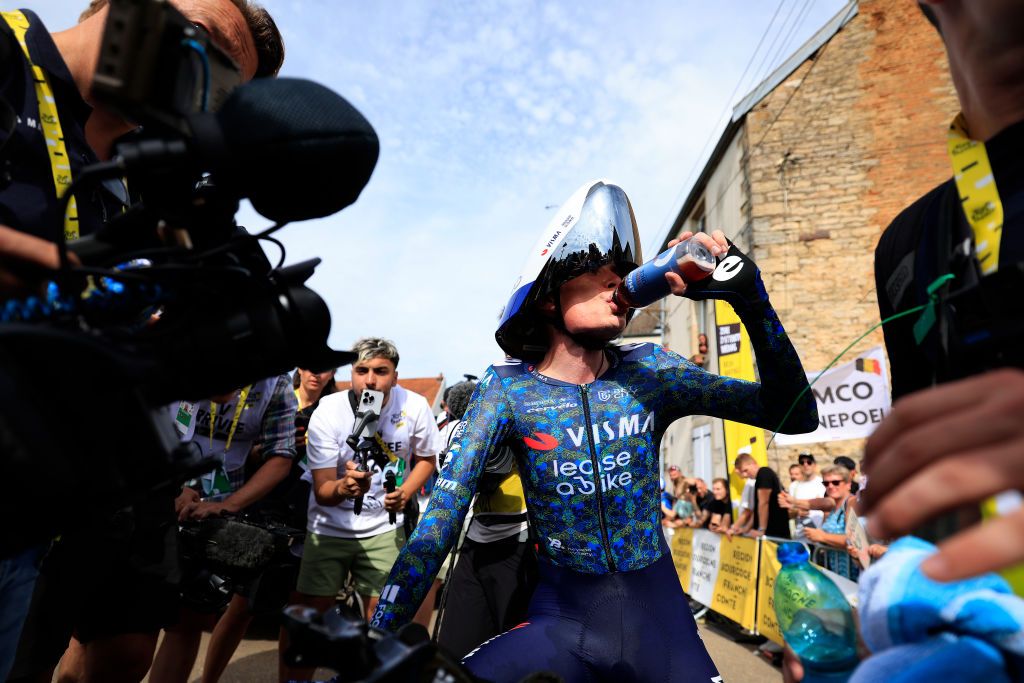 GEVREYCHAMBERTIN FRANCE JULY 05 Jonas Vingegaard Hansen of Denmark and Team Visma Lease a Bike reacts after the 111th Tour de France 2024 Stage 7 a 253km individual time trial stage from NuitsSaintGeorges to GevreyChambertin UCIWT on July 05 2024 in GevreyChambertin France Photo by Guillaume Horcajuelo PoolGetty Images