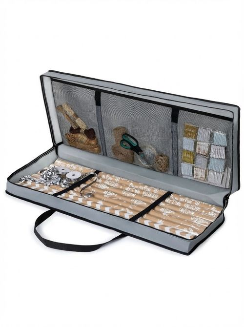 Christmas Village Wrapping Paper Fabric Storage Bag With Pouch (82 X 34 X 13 Cm) Water and Dust Resistant Holder for Rolls of Paper, Pocket for Gift Tags & Bows (grey)
