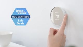 Google Nest Thermostat with holiday finds badge.