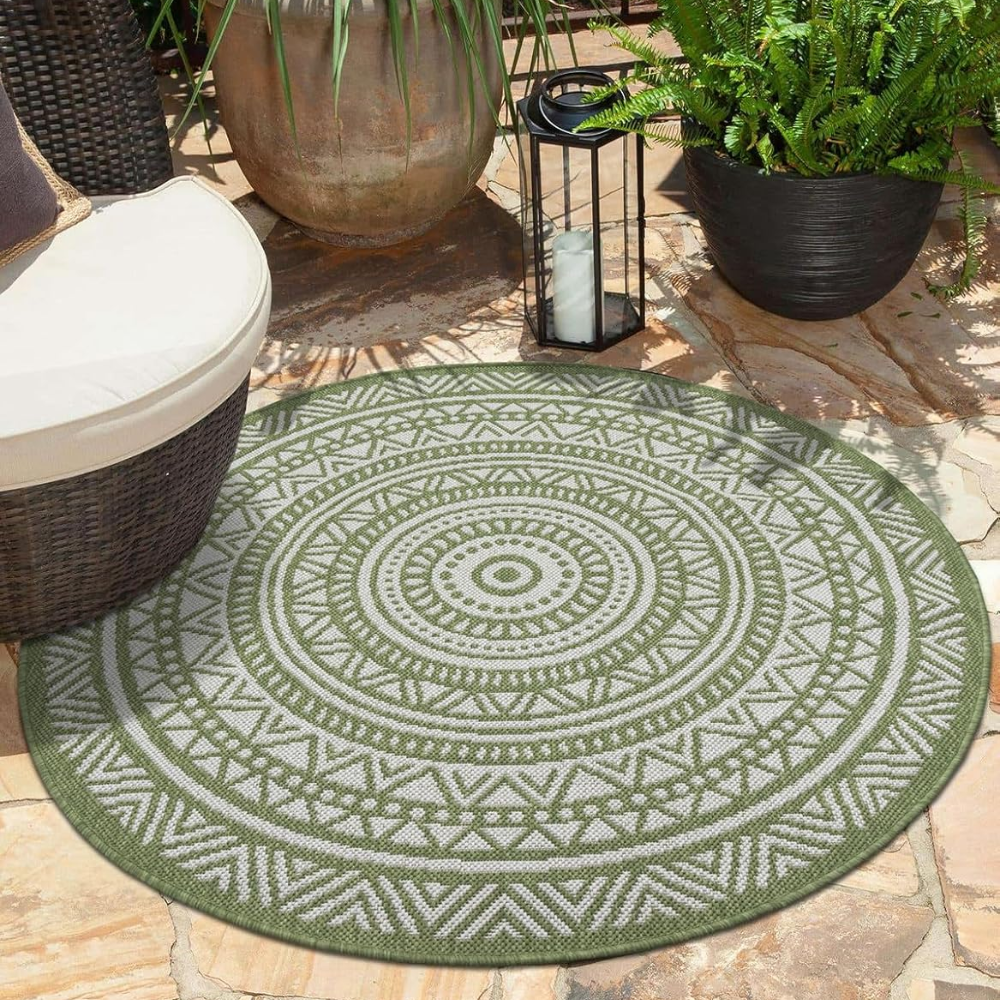 Round green and white pattern outdoor rug on patio with plants behind