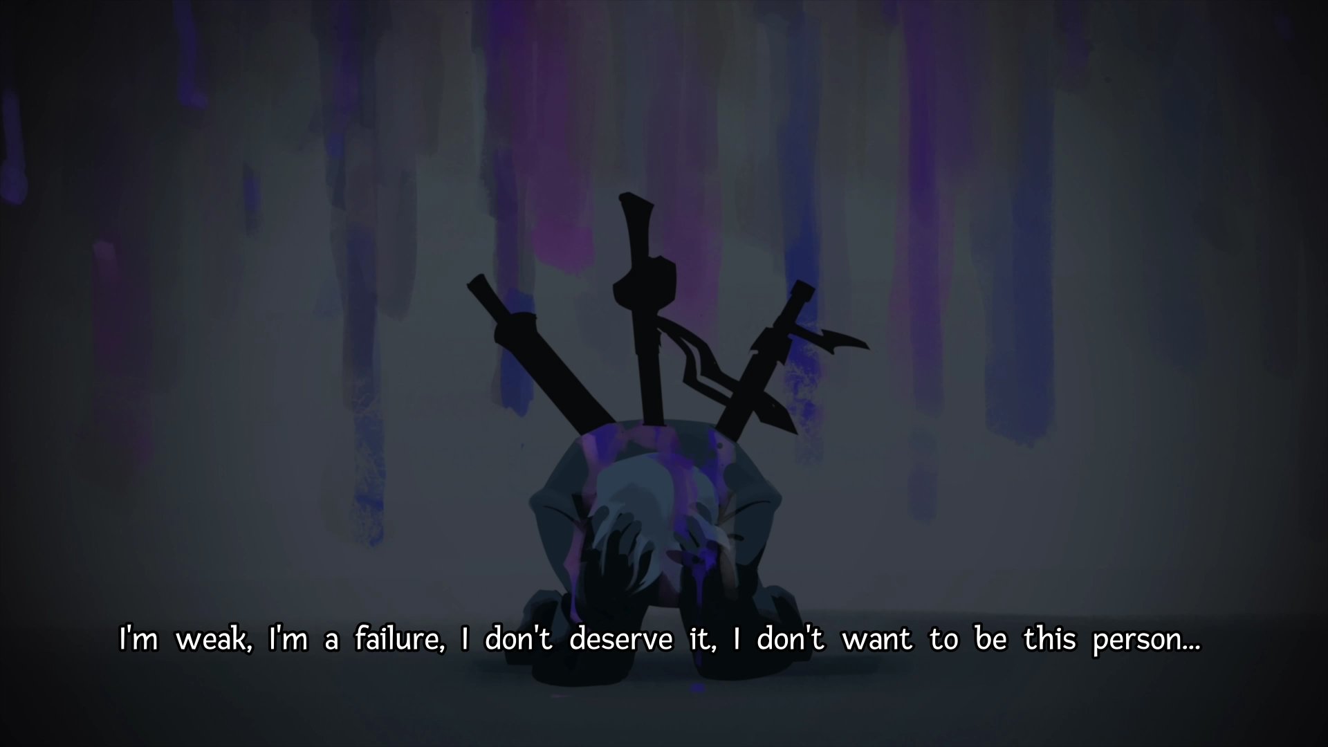 Wanderstop screenshot showing Alta down on the ground with shadowy blades in her back as she expresses, 