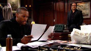 Carter (Lawrence Saint-Vincent) and Ridge (Thorsten Kaye) in the office on The Bold and the Beautiful