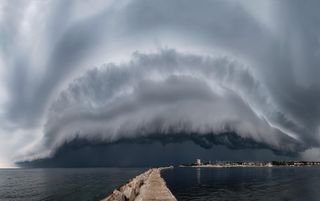 A storm rears its fearsome head over Umag, Croatia. Photographer Maja Kraljik writes: "This monster shelf cloud was perhaps the most beautiful structure and size over my area. I was waiting for two hours for the cloud to arrive and then it made a real mess."