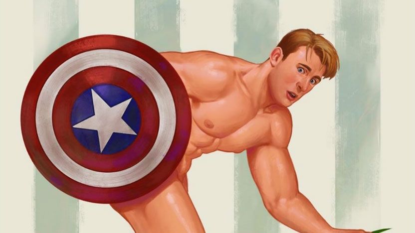 A naked Captain America reaching for his underwear