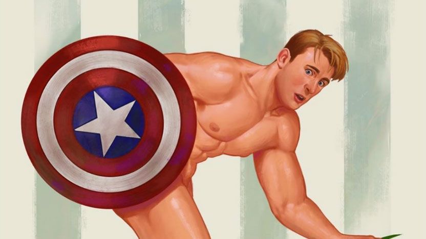 A naked Captain America reaching for his underwear.