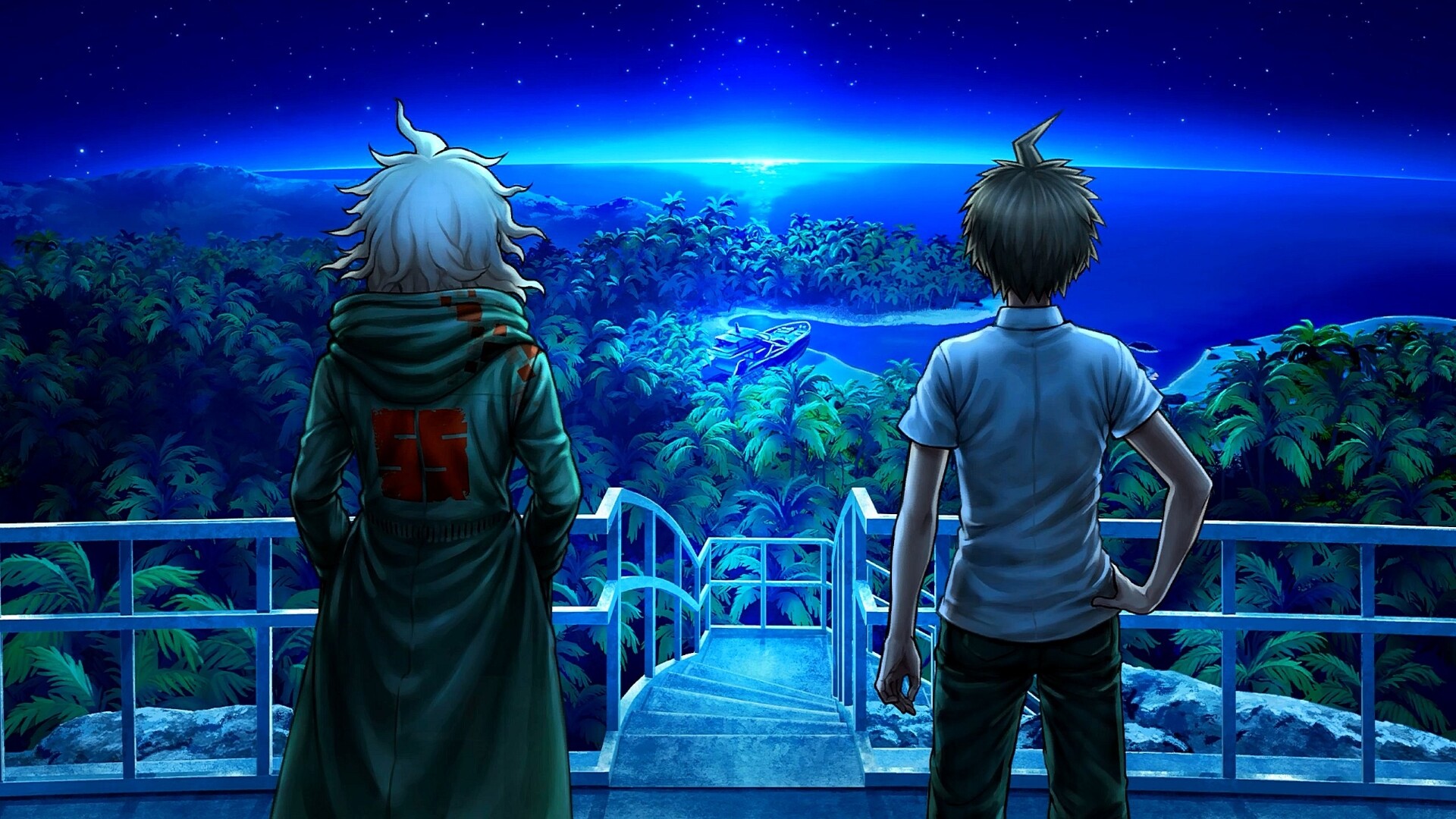 Characters Nagito Komaeda and Hajime Hinata look out over Jabberwock Island in Danganronpa 2x2