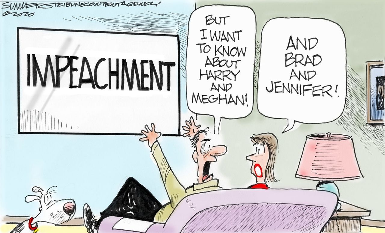 Political Cartoon U.S. Trump impeachment Meghan Markle Prince Harry Jennifer Aniston Brad Pitt celebrities