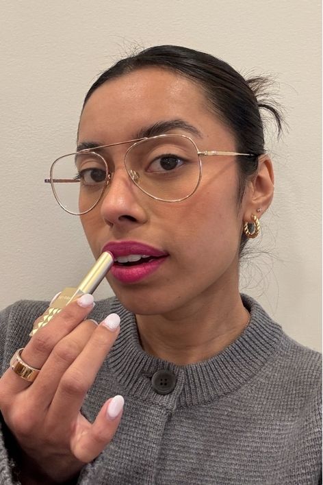 Ruby Ford-Dunker during and after testing the Valentino Spike Valentino Buttery Matte Lipstick.