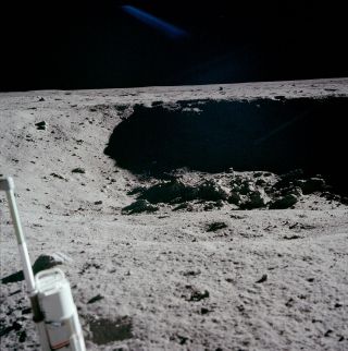 Little West crater, located near Tranquility Base, as photographed by Apollo 11 moonwalker Neil Armstrong in July 1969.