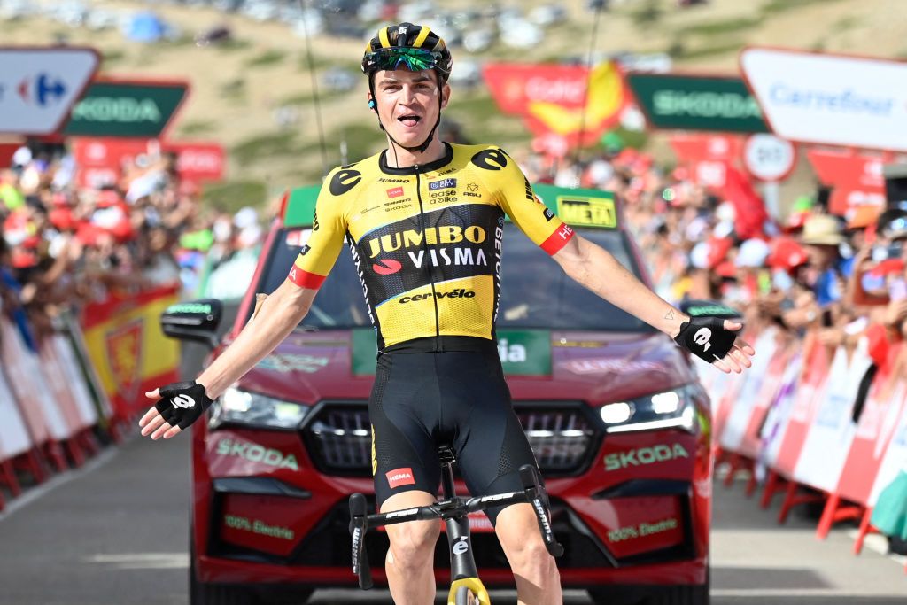 Team JumboVismas US rider Sepp Kuss celebrates winning the sixth stage of the 2023 La Vuelta cycling tour of Spain a 1831 km race from La Vall dUixo to Alto de Javalambre on August 31 2023 Photo by JOSE JORDAN AFP Photo by JOSE JORDANAFP via Getty Images