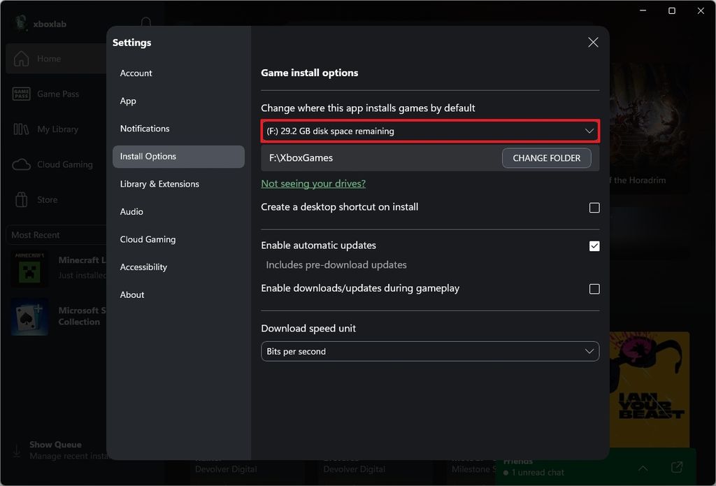 Xbox app change game install drive