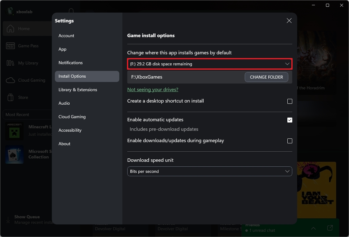 Xbox app change game install drive