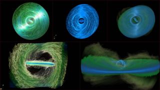five panels showing the simulation of supermassive black holes consuming gaseous disks. mostly green and blue.