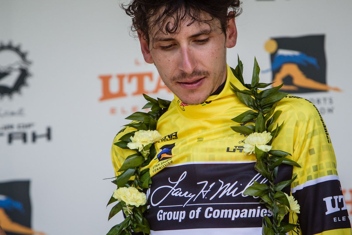 Lachlan Morton (Jelly-Belly) holds onto the race leader