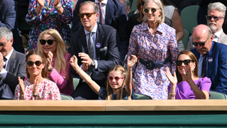 Pippa Middleton, Stefan Edberg, Princess Charlotte of Wales, Marjory Gengler and Catherine Princess of Wales court-side of Centre Court during the men's final on day fourteen of the Wimbledon Tennis Championships at the All England Lawn Tennis and Croquet Club on July 14, 2024 in London, England