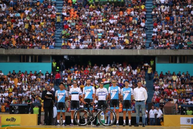 The Israel Cycling Academy team is presented to the crowds in Colombia