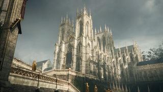view looking up to unnaturally, immaculately white gothic cathedral