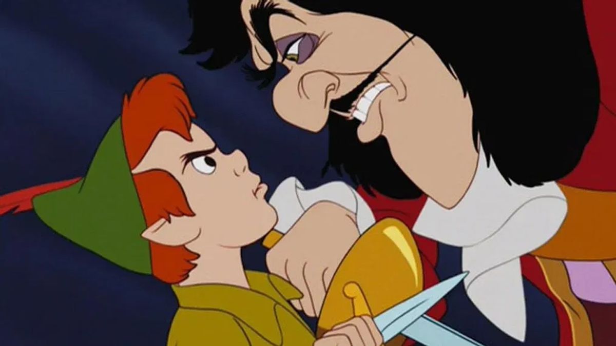 Peter Pan and Captain Hook fighting in animated Disney movie