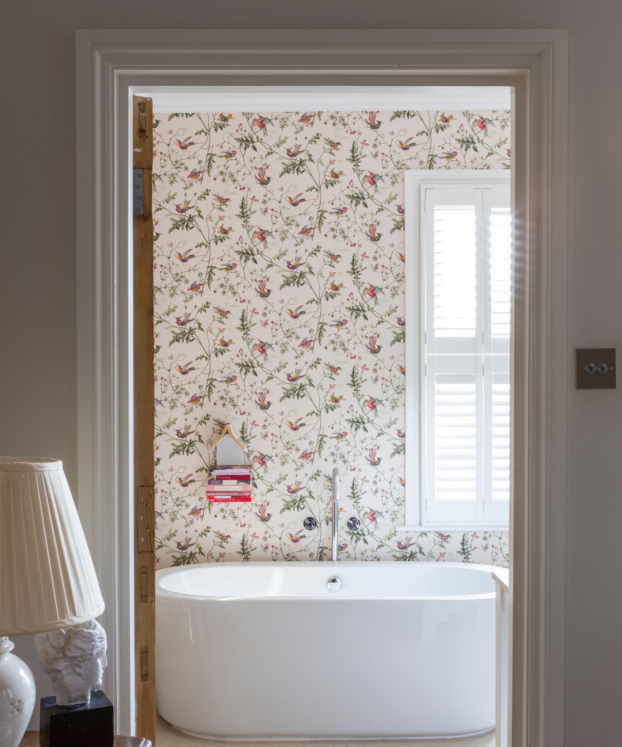 Bathroom with red and white floral bathroom
