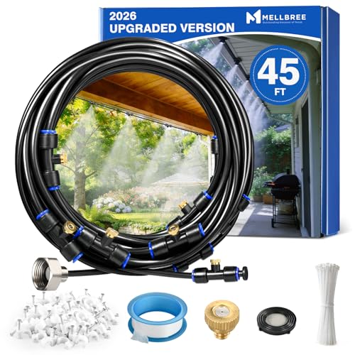 Mellbree Misters for Outside Patio 45ft/14m, Pre-Assembled Misting Cooling System With 12 Brass Nozzles &amp;amp; 3/4" Adapter, Outdoor Mister for Patio, Garden, Greenhouse, Pavilion, Dog House, Chicken Coop