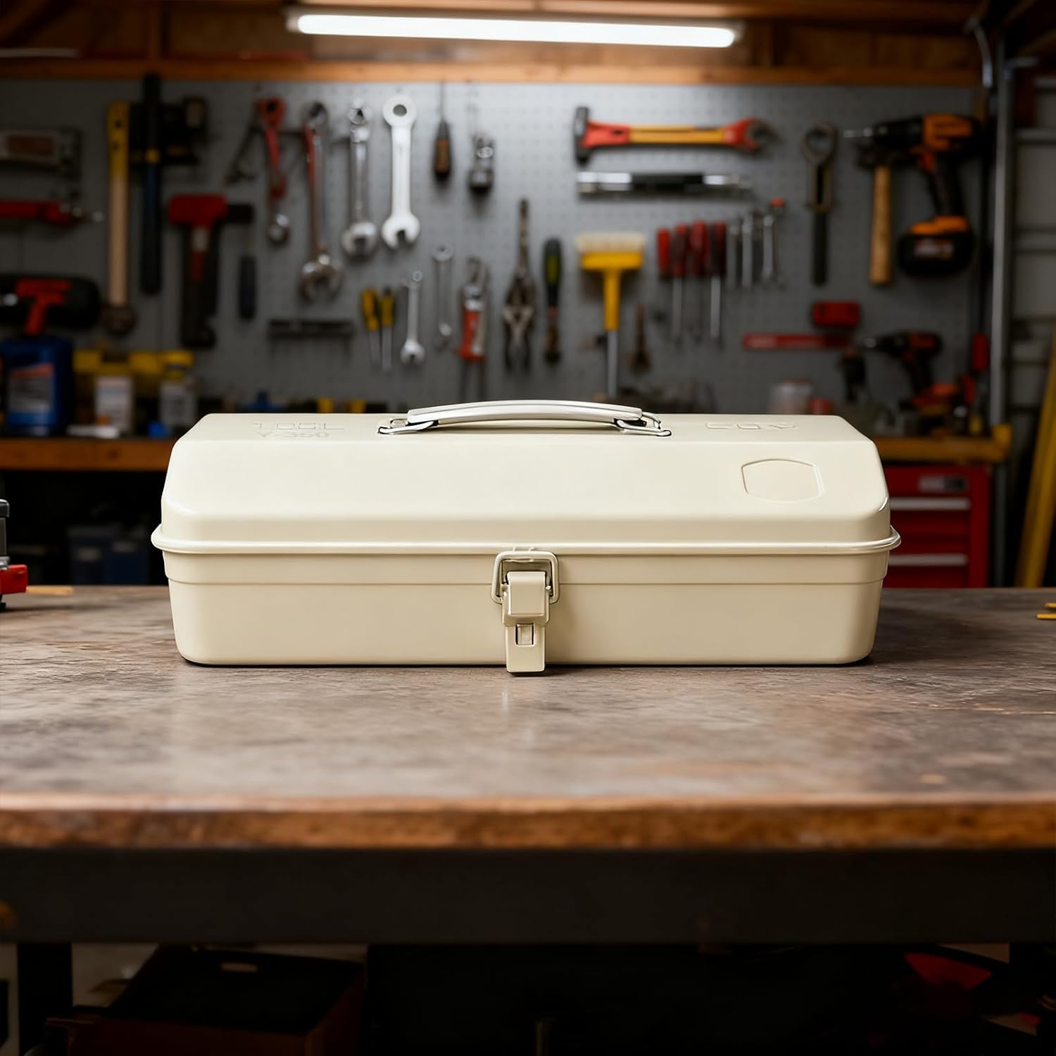 Zxtdbmbb Milky White Portable Metal Tool Box Hip Roof Style With Metal Latch Closure Tool Chest for Household Workshop Car,14.2"