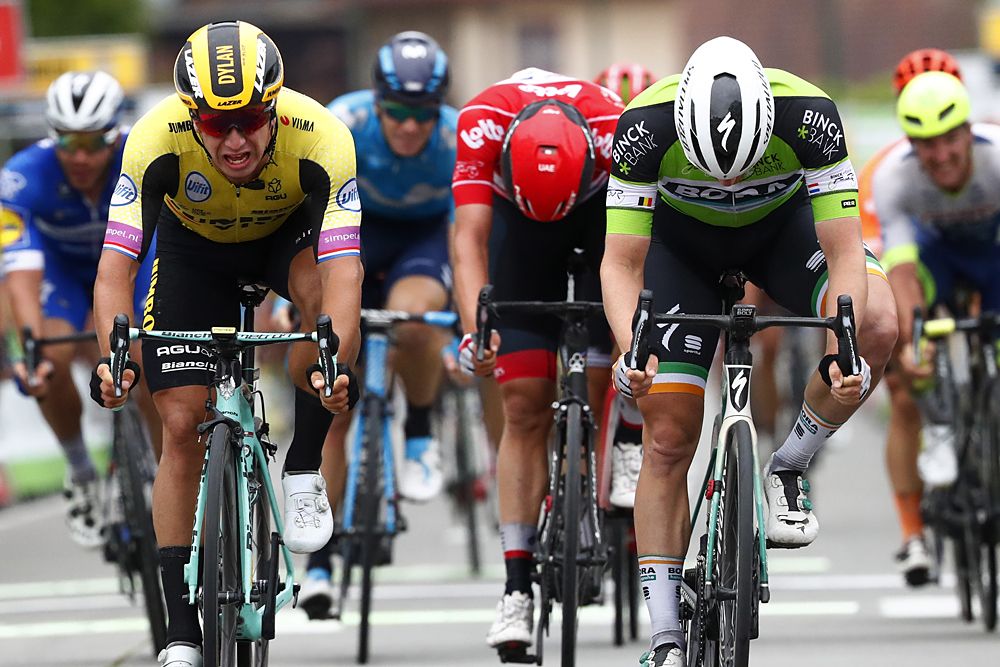 Sam Bennett (Bora-Hansgrohe) wins stage 3 at BinckBank Tour in a photo-finish sprint against Dylan Groenewegen (Jumbo-Visma)