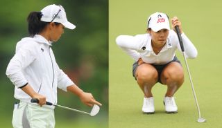 Kang lines up a putt and wipes her putter with her hand