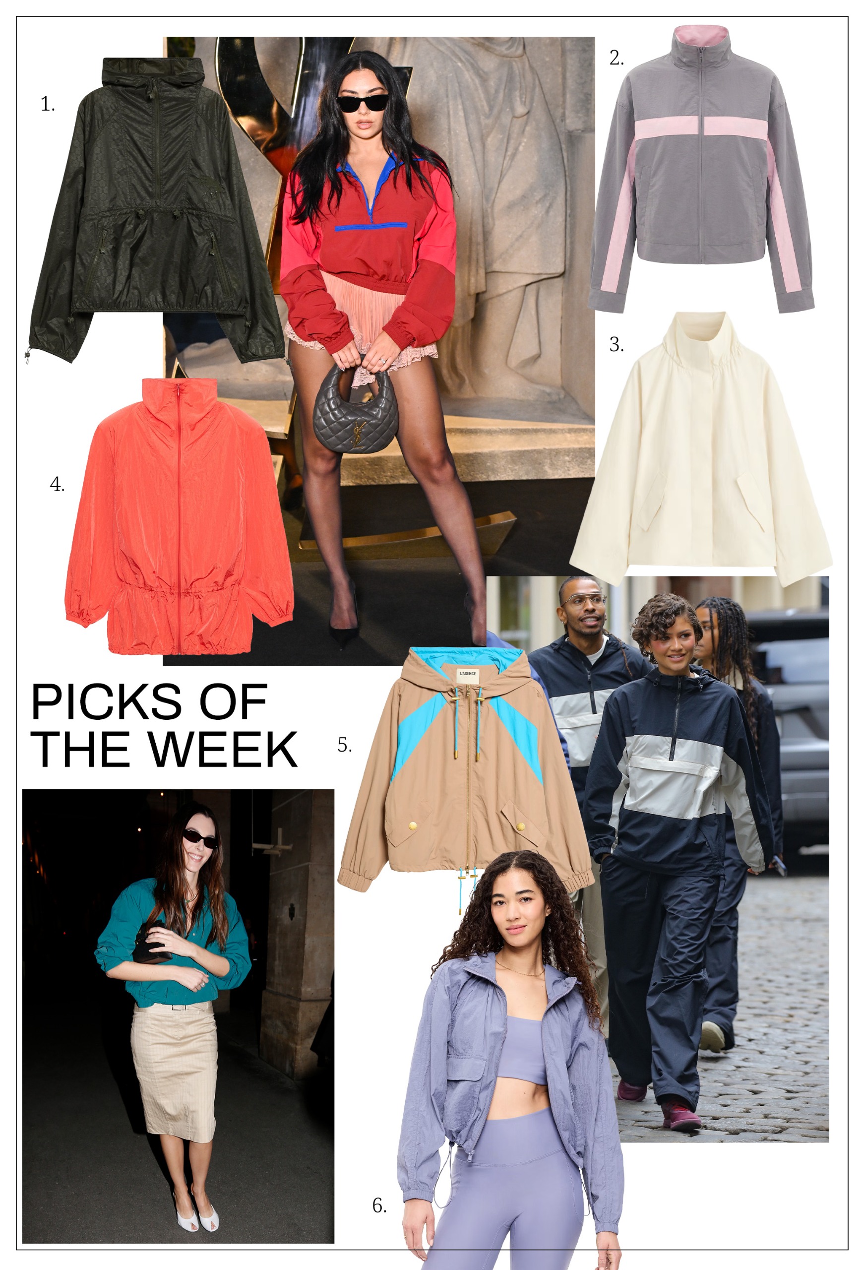 collage of the windbreaker trend for The A-List Edit featuring Zendaya, Charli xcx, Vittoria Ceretti, and more