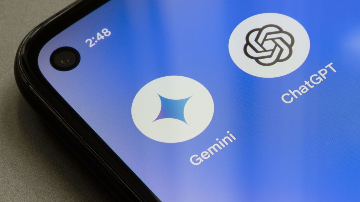 Gemini and ChatGPT logos on a phone