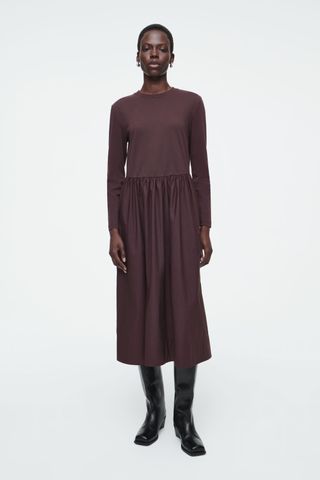 Contrast-Panel Long-Sleeved Midi Dress