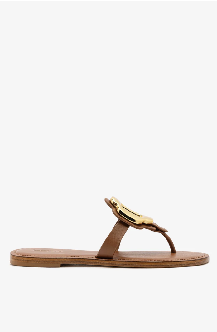 Larroud&amp;eacute;, Margherita Thong Sandal in Caramel Leather and Gold Hardware