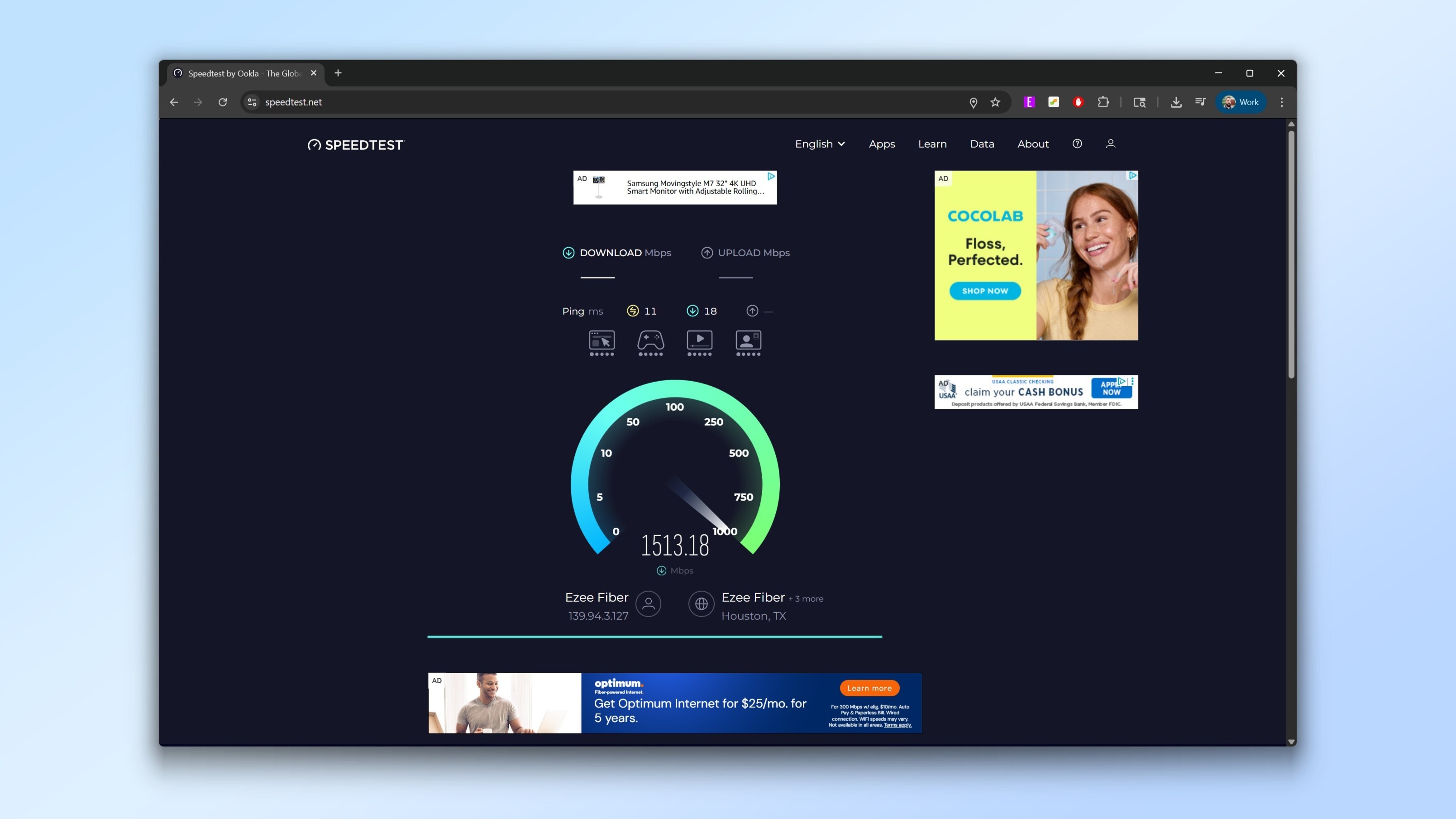 The results of a Wi-Fi speed test run on the Minisforum G1 Pro