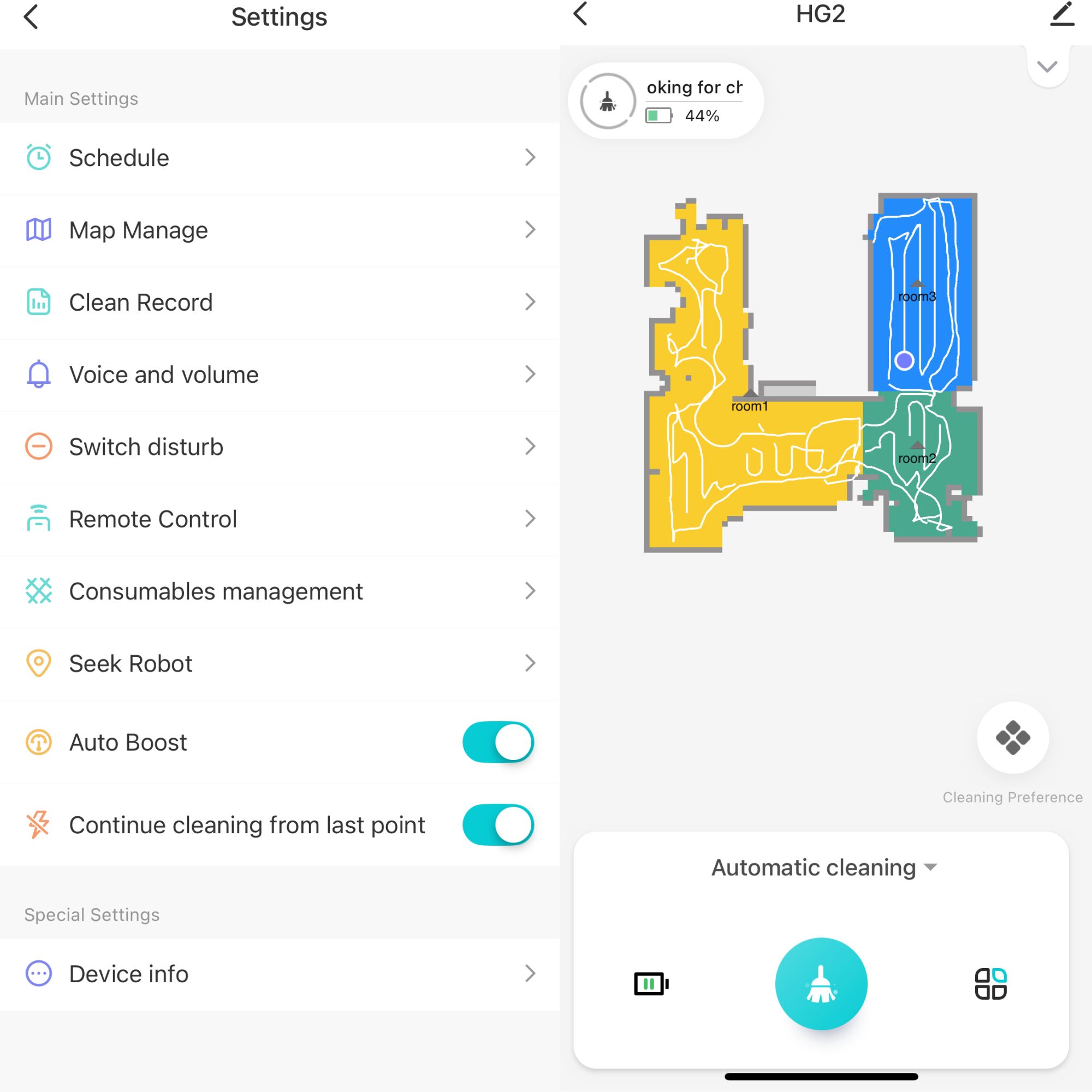 Screenshots of the Hoover app, showing the menu on the left and a map on the right