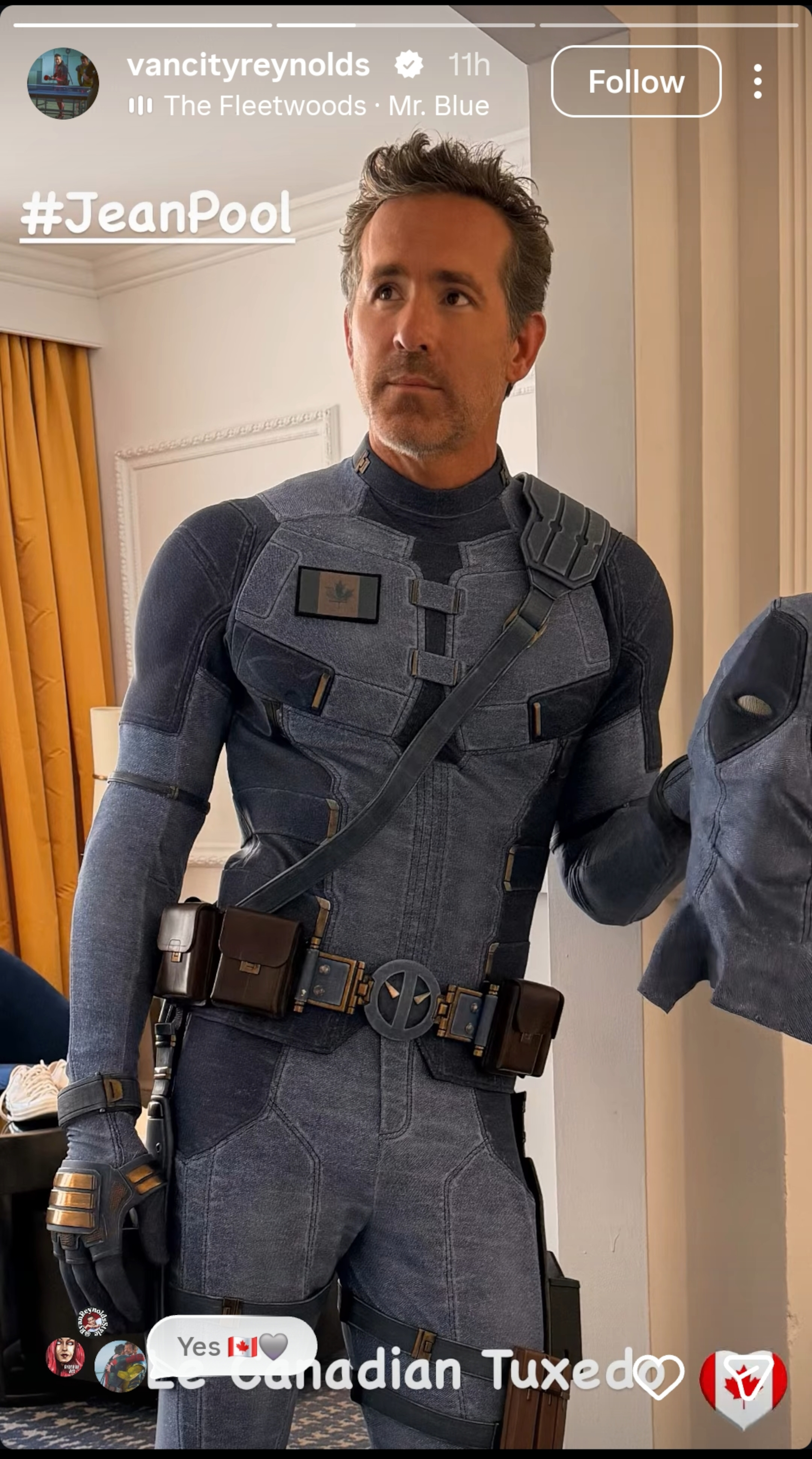 Ryan Reynolds shared a behind-the-scenes image of himself dressed head to toe in denim, in a slick grey suit as Deadpool during San Diego Comic Con 2026.