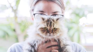 Woman holding persian cat in front of her