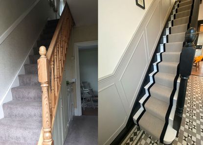 Before and after of hallway makeover with beige runner on black and white painted staircase
