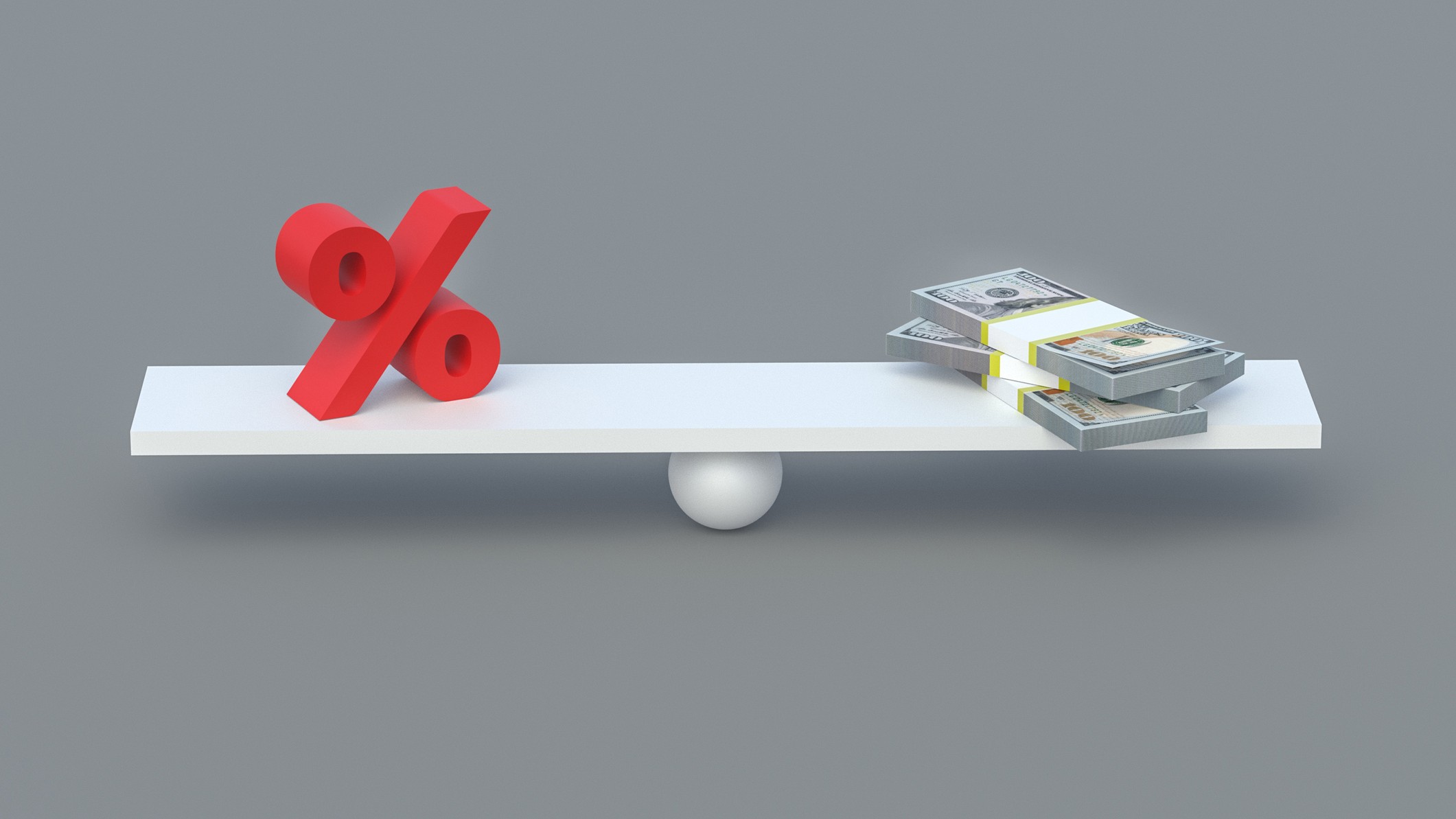 a scale with a red percentage side on one side and a pile of cash on the other