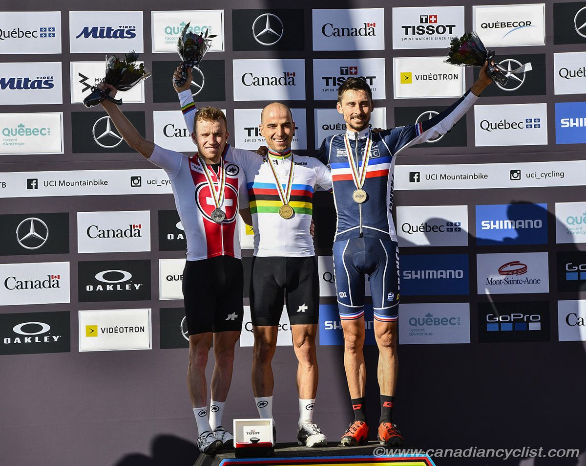 The podium &ndash;&nbsp;Mathias Flueckiger, Nino Schurter, Stephane Tempier