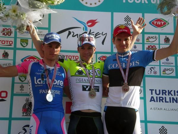 Stage 3 podium in Marmaris (l-r): Simon Spilak, Giovanni Visconti and Rein Taaram&auml;e.