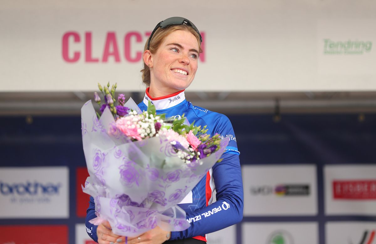 Picture by Alex Whitehead/SWpix.com - 08/10/2021 - Cycling - AJ Bell Women's Tour of Britain - Stage Five: Colchester to Clacton-on-Sea, England - Podium - SD Worx's Demi Vollering retains the overall lead of the race and teh AJ Bell leader's jersey.
