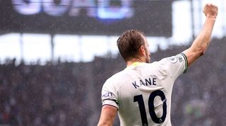 Tottenham striker Harry Kane celebrates his goal against Crystal Palace in the Premier League in May 2023.
