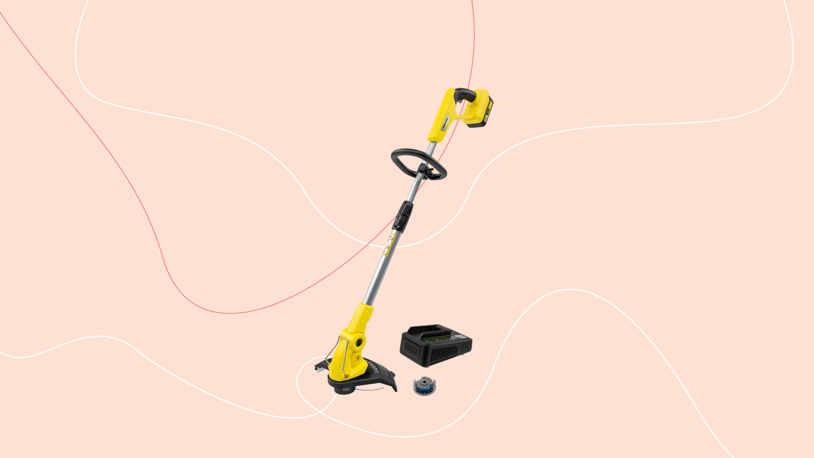 karcher grass trimmer on a pink graphic background