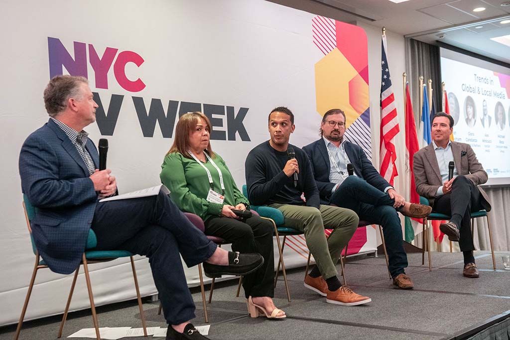 On the &ldquo;Trends in Global &amp; Local Media&rdquo; panel (l. To r.): moderator Sean Cunningham, VAB; Gloria Costanza, d&rsquo;exposito &amp; partners; Michael Roca, Omnicom Media Group; Alex Minicucci, Horizon Media; and David Tardio, Warner Bros. Discovery.